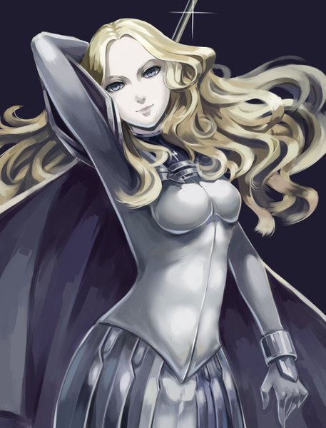 Anime picture 3779x4960 with claymore madhouse teresa hongchajun single long hair tall image looking at viewer highres breasts simple background blonde hair absurdres head tilt light smile black background wavy hair arm behind head silver eyes girl