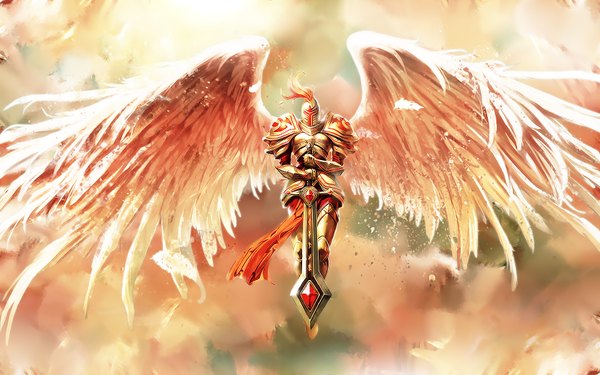Anime picture 1680x1050 with league of legends kayle (league of legends) single wide image angel wings angel girl gloves weapon sword wings armor feather (feathers) helmet huge weapon huge sword