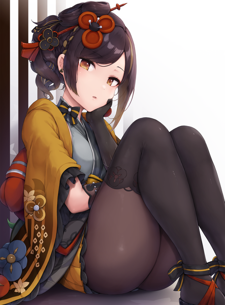 Anime picture 1500x2031 with genshin impact chiori (genshin impact) snowcanvas single tall image looking at viewer fringe short hair open mouth light erotic black hair sitting brown eyes payot bent knee (knees) traditional clothes japanese clothes head rest girl gloves