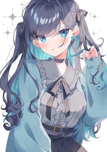 Anime picture 2892x4096 with original mochizuki mochi single long hair tall image looking at viewer blush fringe highres blue eyes black hair simple background hair between eyes white background upper body long sleeves nail polish head tilt multicolored hair two side up