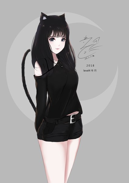 Anime picture 1767x2500 with original teratsuki single long hair tall image looking at viewer blush fringe highres blue eyes black hair smile standing signed animal ears tail blunt bangs long sleeves animal tail cat ears