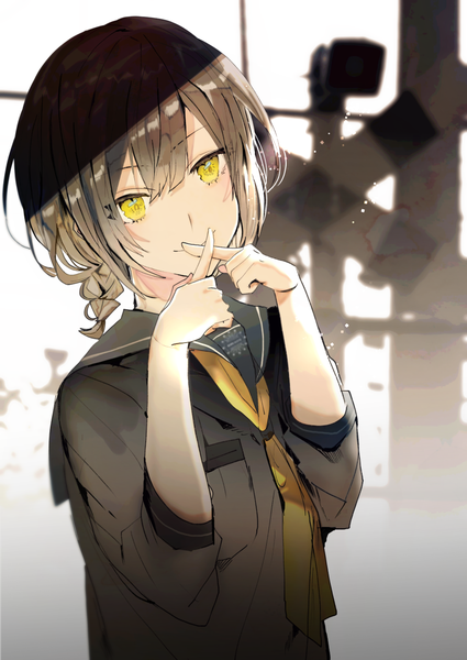 Anime picture 900x1271 with original poni (rito) single tall image looking at viewer fringe short hair smile hair between eyes brown hair yellow eyes payot upper body braid (braids) depth of field single braid finger to mouth covered mouth x fingers girl