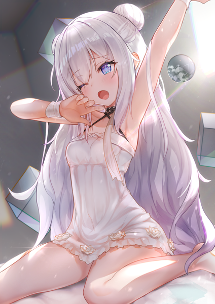 Anime picture 1000x1414 with azur lane le malin (azur lane) le malin (the knight's true nature) (azur lane) west (vaem5527) single tall image blush fringe breasts open mouth blue eyes light erotic sitting payot looking away silver hair bent knee (knees) indoors very long hair head tilt