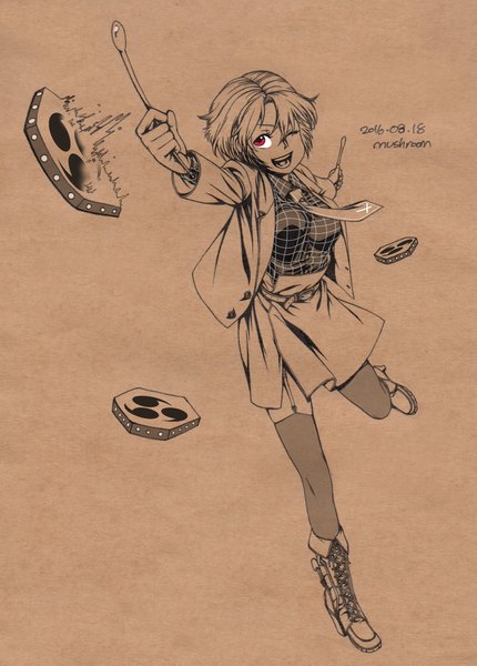 Anime picture 1806x2520 with touhou horikawa raiko mushroom (osh320) single tall image looking at viewer highres short hair open mouth smile red eyes standing signed full body one eye closed dated monochrome standing on one leg lacing ;d