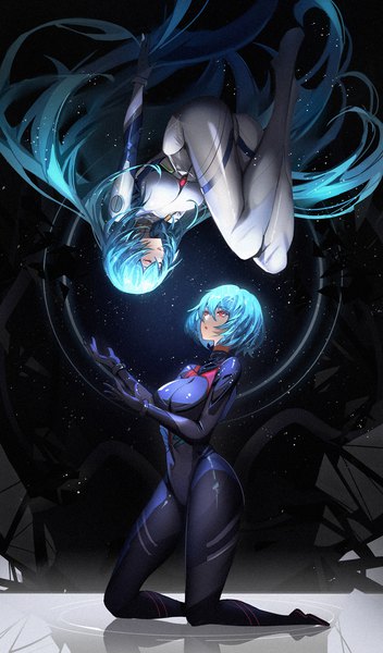 Anime picture 1200x2043 with neon genesis evangelion rebuild of evangelion evangelion: 3.0+1.0 thrice upon a time gainax ayanami rei kuroha (rockluo213) tall image fringe short hair hair between eyes red eyes multiple girls blue hair eyes closed very long hair kneeling looking up dual persona spoilers rotational symmetry