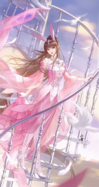 Anime picture 2082x3929 with douluo continent xiao wu tagme (artist) single long hair tall image looking at viewer fringe highres breasts black hair standing bare shoulders brown eyes signed sky cloud (clouds) full body outdoors ponytail