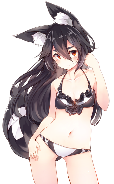 Anime picture 800x1289 with original otokuyou single long hair tall image blush fringe light erotic black hair simple background hair between eyes red eyes standing white background animal ears looking away tail animal tail bare legs hand on hip