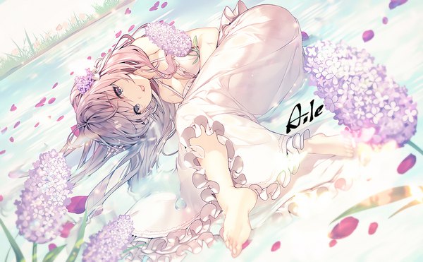 Anime picture 994x615 with idolmaster idolmaster cinderella girls ichinose shiki aile (crossroads) single long hair looking at viewer open mouth wide image purple eyes signed pink hair cleavage lying barefoot dutch angle partially submerged girl dress flower (flowers)