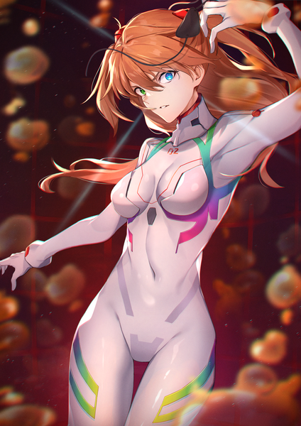 Anime picture 1457x2064 with neon genesis evangelion rebuild of evangelion evangelion: 3.0+1.0 thrice upon a time gainax soryu asuka langley shikinami asuka langley tapioka (oekakitapioka) single long hair tall image looking at viewer fringe breasts blue eyes hair between eyes standing green eyes parted lips arm up blurry