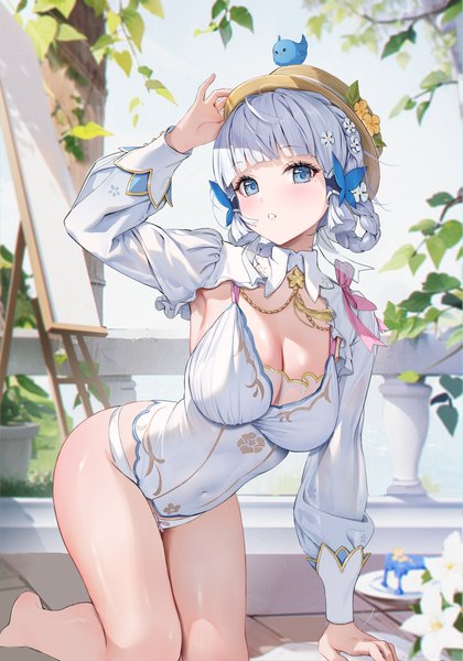 Anime picture 2800x4000 with genshin impact kamisato ayaka kamisato ayaka (springbloom missive) houkisei single tall image looking at viewer blush fringe highres short hair breasts light erotic large breasts cleavage silver hair blunt bangs braid (braids) long sleeves parted lips