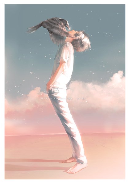 Anime picture 882x1252 with original re (artist) single tall image short hair standing signed sky silver hair cloud (clouds) full body eyes closed head tilt profile barefoot shadow border hands in pockets boy animal