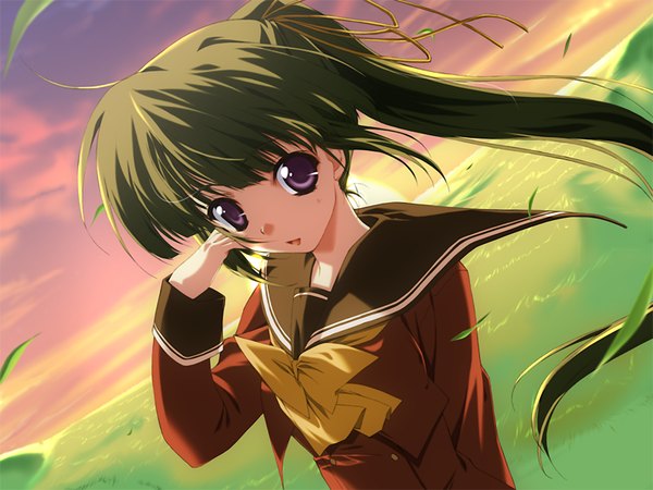 Anime picture 1200x900 with boy meets girl (game) purple eyes game cg green hair girl serafuku