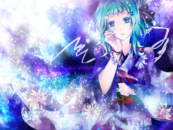 Anime picture 1500x1125 with vocaloid gumi tyouya single looking at viewer fringe short hair traditional clothes japanese clothes aqua eyes aqua hair alternate costume alternate color girl hair ornament kimono bobby pin
