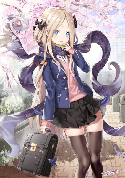 Anime picture 612x868 with fate (series) fate/grand order abigail williams (fate) tyone single long hair tall image looking at viewer blush fringe open mouth blue eyes blonde hair standing holding signed payot sky outdoors pleated skirt