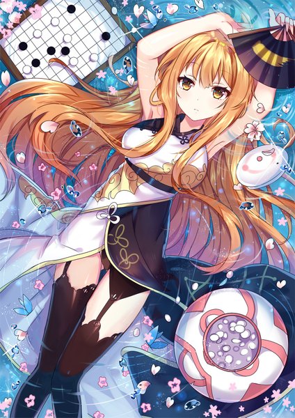Anime picture 1240x1753 with forever 7th capital wen zi (forever 7th capital) shanguier single long hair tall image looking at viewer fringe light erotic hair between eyes bare shoulders holding yellow eyes bent knee (knees) traditional clothes orange hair arms up cherry blossoms ass visible through thighs chinese clothes