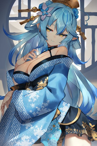 Anime picture 1546x2324 with virtual youtuber hololive yukihana lamy scottie (phantom2) single long hair tall image looking at viewer fringe breasts light erotic hair between eyes large breasts yellow eyes payot blue hair cleavage indoors traditional clothes head tilt