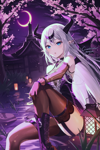Anime-Bild 800x1200 mit original yampa single long hair tall image looking at viewer blush fringe open mouth blue eyes light erotic hair between eyes sitting silver hair cloud (clouds) bent knee (knees) horn (horns) pointy ears night night sky