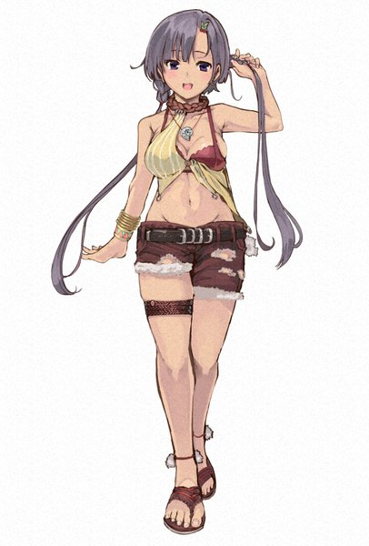 Anime picture 1280x1892 with suisei no gargantia original production i.g furukawa itsuse single long hair tall image fringe open mouth light erotic simple background white background purple eyes twintails purple hair walking girl navel hair ornament shorts