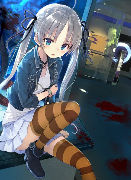Anime picture 724x997 with ore ga ikiru raison d'etre amane kawaginga shirabi single long hair tall image looking at viewer blush open mouth blue eyes sitting twintails silver hair indoors open clothes open jacket blood stains girl thighhighs skirt