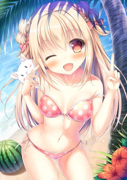 Anime picture 1000x1414 with original taiki ken single long hair tall image looking at viewer blush fringe breasts open mouth light erotic blonde hair smile hair between eyes red eyes standing bare shoulders payot sky cloud (clouds)