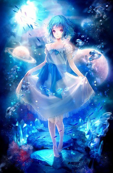 Anime picture 656x1000 with original siro single tall image short hair purple eyes blue hair barefoot sunlight underwater girl dress bow water bubble (bubbles) fish (fishes) planet