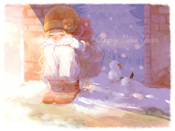 Anime picture 1203x900 with original biora single long hair blush blonde hair sitting eyes closed inscription border snowing winter snow squat new year steam happy new year girl gloves hat