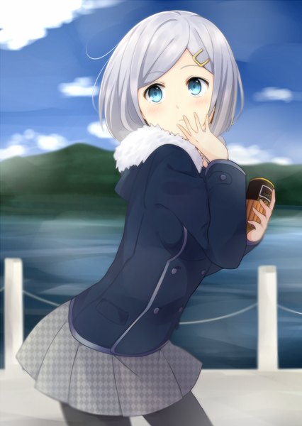 Anime picture 930x1310 with kantai collection hamakaze destroyer yukichi (eikichi) single tall image blush short hair blue eyes looking away sky silver hair cloud (clouds) pleated skirt looking back girl skirt pantyhose jacket hairclip fur