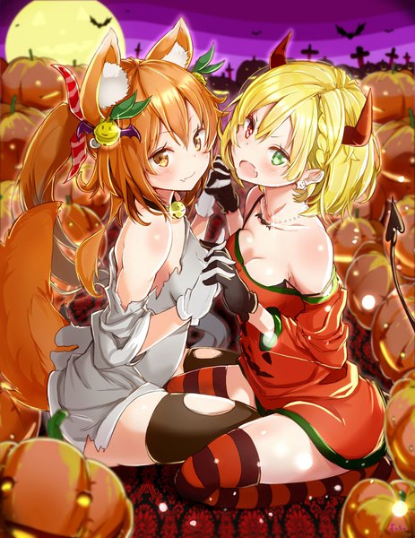 Anime picture 1433x1858 with shironeko project charlotte (shironeko project) korin (shironeko project) fuku kitsune (fuku fox) long hair tall image looking at viewer blush fringe short hair breasts open mouth light erotic blonde hair hair between eyes red eyes sitting multiple girls green eyes animal ears