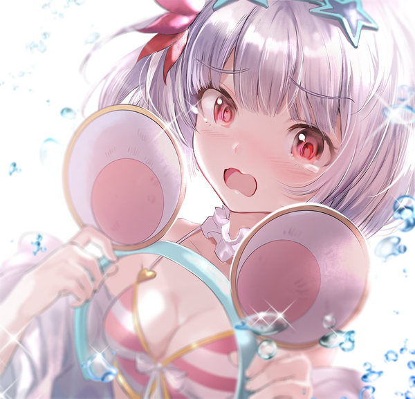 Anime picture 1000x963 with granblue fantasy vikala (granblue fantasy) boba single short hair open mouth red eyes holding animal ears silver hair sparkle depth of field fake animal ears sunglasses on head girl sunglasses water drop teardrop