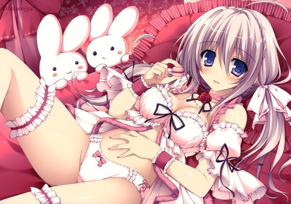 Anime picture 4313x3028 with nanaroba hana single long hair looking at viewer blush highres breasts open mouth blue eyes light erotic twintails absurdres silver hair scan girl underwear panties ribbon (ribbons) hair ribbon frills