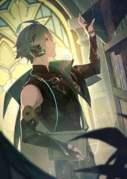 Anime picture 2654x3728 with genshin impact alhaitham (genshin impact) fomnant single tall image highres short hair standing upper body ahoge indoors profile aqua eyes grey hair boy headphones book (books) stained glass library