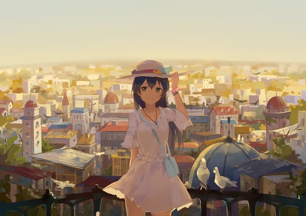 Anime picture 1300x919 with love live! school idol project sunrise (studio) love live! sonoda umi huanxiang heitu single long hair standing looking away purple hair outdoors horizon landscape arm behind back scenic girl dress hat animal white dress