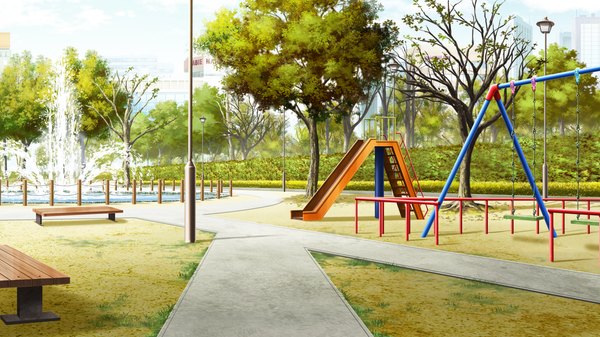 Anime picture 2560x1440 with yaneura no kanojo highres wide image game cg plant (plants) tree (trees) bench swing fountain playground