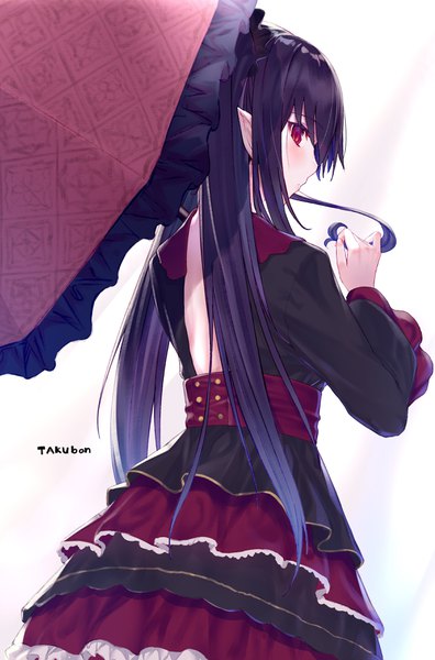 Anime picture 2338x3541 with original takubon single long hair tall image looking at viewer blush fringe highres simple background hair between eyes red eyes standing white background twintails signed payot profile looking back pointy ears