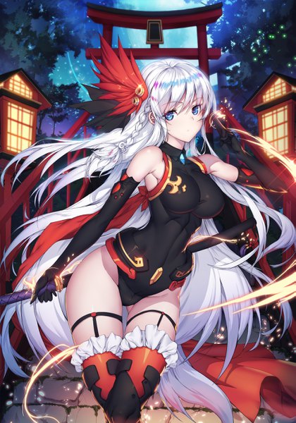 Anime picture 1750x2500 with dungeon and fighter rodway single tall image looking at viewer fringe highres breasts blue eyes light erotic hair between eyes bare shoulders holding silver hair outdoors braid (braids) very long hair wind night night sky