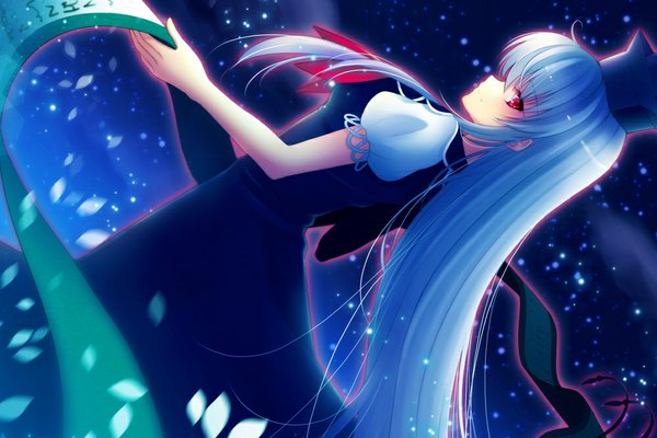 Anime picture 1000x667 with touhou kamishirasawa keine toorutsuki hajime single long hair red eyes blue hair looking back girl dress hat petals scroll