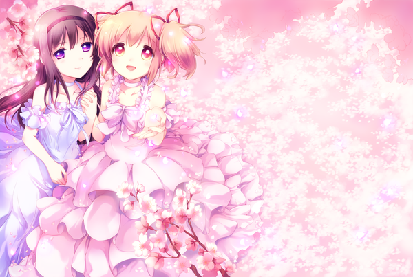 Anime picture 3327x2235 with mahou shoujo madoka magica shaft (studio) akemi homura kaname madoka yamada ako long hair highres short hair open mouth red eyes purple eyes twintails bare shoulders multiple girls pink hair absurdres purple hair cherry blossoms short twintails girl