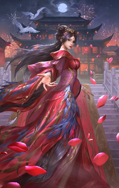 Anime picture 3000x4708 with legend of the three kingdoms bu lianshi (legend of the three kingdoms) kuyoshi single long hair tall image looking at viewer highres breasts black hair standing brown eyes cloud (clouds) full body outdoors nail polish night official art night sky outstretched hand
