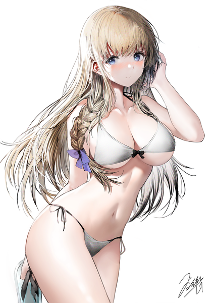 Anime picture 2121x3000 with original iori (cpeilad) single long hair tall image looking at viewer blush fringe highres breasts blue eyes light erotic blonde hair smile large breasts standing holding signed braid (braids) bare belly