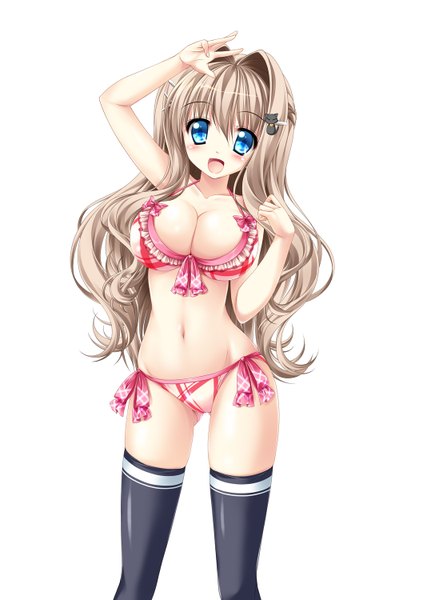 Anime picture 1088x1500 with original kamiya tomoe single long hair tall image looking at viewer blush breasts open mouth blue eyes light erotic simple background brown hair large breasts white background cleavage girl thighhighs navel hair ornament