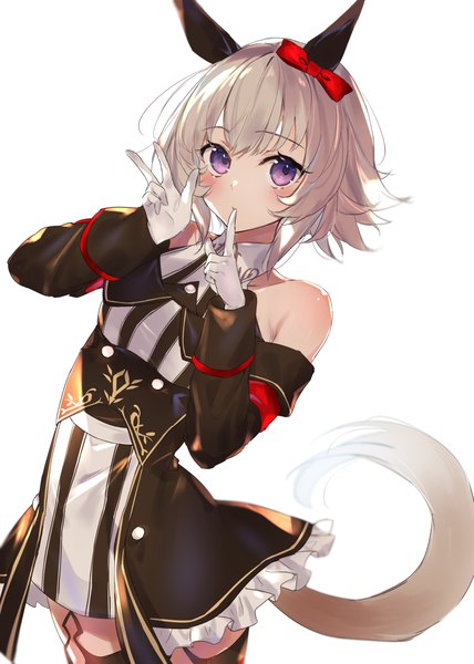 Anime picture 2976x4175 with umamusume curren chan (umamusume) kasumi komo single tall image looking at viewer blush highres short hair simple background white background purple eyes animal ears silver hair tail animal tail finger to mouth horse ears horse tail girl