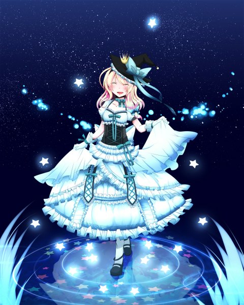 Anime picture 1120x1400 with touhou kirisame marisa kona sleipnir (artist) single tall image blush blonde hair smile eyes closed night night sky girl dress ribbon (ribbons) bow hat white dress star (stars) witch hat crown