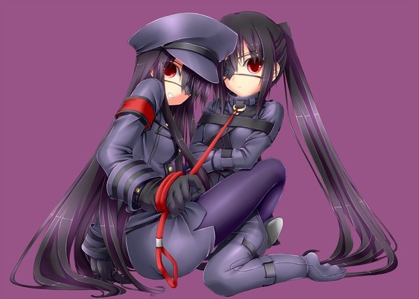 Anime picture 1200x857 with original shouyan long hair looking at viewer light erotic black hair simple background red eyes twintails multiple girls bondage purple background girl gloves 2 girls black gloves eyepatch peaked cap