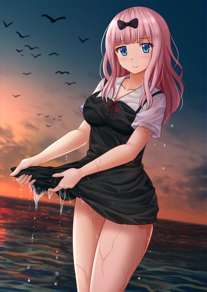 Anime picture 1200x1697 with kaguya-sama wa kokurasetai ~tensai-tachi no renai zunousen~ a-1 pictures fujiwara chika kazenokaze single long hair tall image looking at viewer blush fringe blue eyes light erotic standing pink hair sky cloud (clouds) outdoors blunt bangs bare legs wet