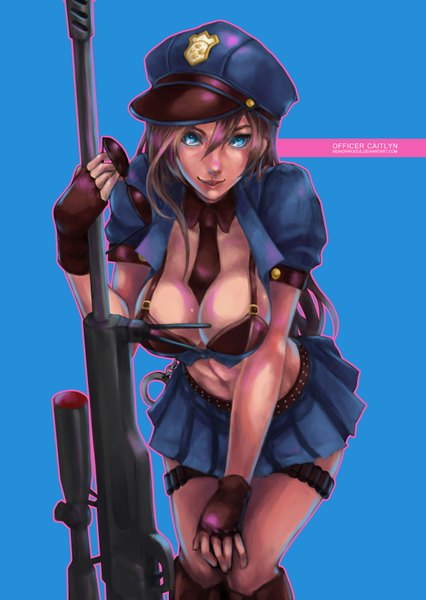 Anime picture 2480x3496 with league of legends caitlyn (league of legends) officer caitlyn monori rogue single long hair tall image looking at viewer highres breasts blue eyes light erotic black hair simple background large breasts light smile blue background sunglasses removed girl skirt