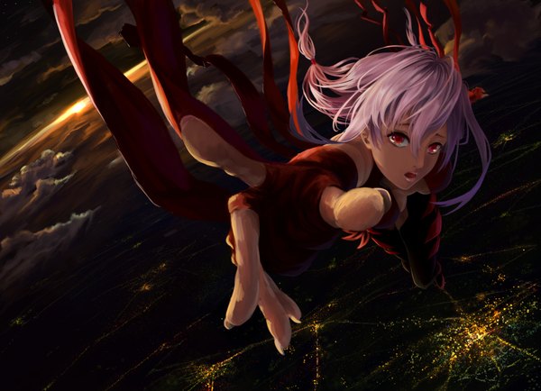 Anime picture 3384x2448 with guilty crown production i.g yuzuriha inori namako mikan single long hair looking at viewer highres open mouth red eyes pink hair absurdres sky cloud (clouds) flying girl gloves fingerless gloves