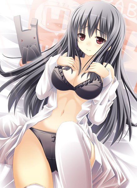 Anime picture 1200x1641 with original usagi nezumi long hair tall image blush light erotic black hair smile red eyes open clothes open shirt girl thighhighs underwear panties white thighhighs