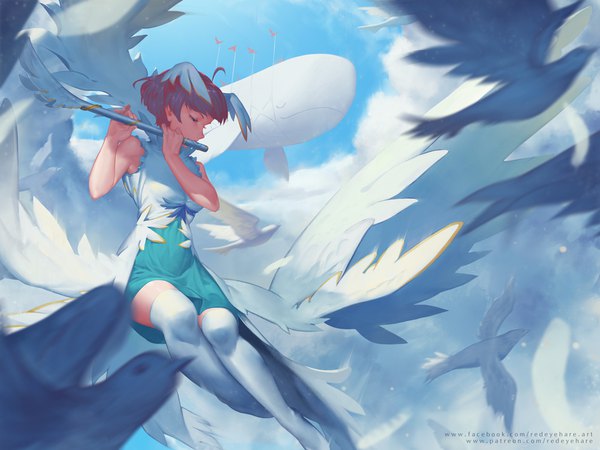 Anime picture 1000x750 with twitter black light single short hair black hair sitting bare shoulders holding signed cloud (clouds) eyes closed angel wings girl thighhighs dress animal white thighhighs wings feather (feathers) musical instrument
