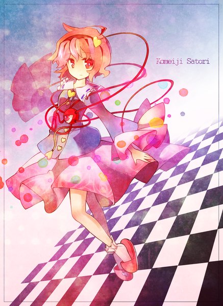 Anime picture 1750x2400 with touhou komeiji satori fuiyu (feuille0818) single tall image looking at viewer highres short hair red eyes pink hair inscription framed checkered floor eyes girl socks shoes white socks slippers