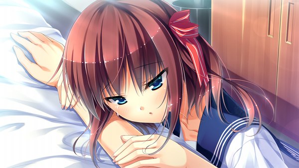Аниме картинка 1280x720 с suika niritsu (game) короткие волосы голубые глаза широкое изображение game cg красные волосы девушка сэрафуку